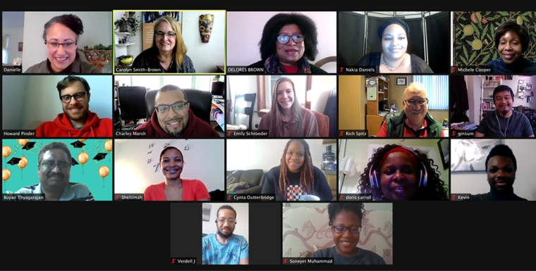 Drexel Connects Community Members to Training for Workforce Development | Now The graduates of the Salesforce training program on a Zoom call with Drexel professional staff. Photo courtesy Soneyet Muhammad.