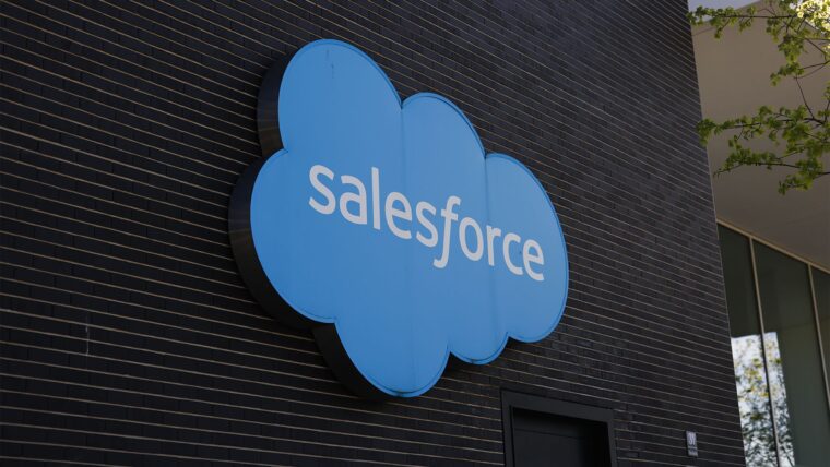 Salesforce logo pictured on a sign on side of building in Munich, Germany.